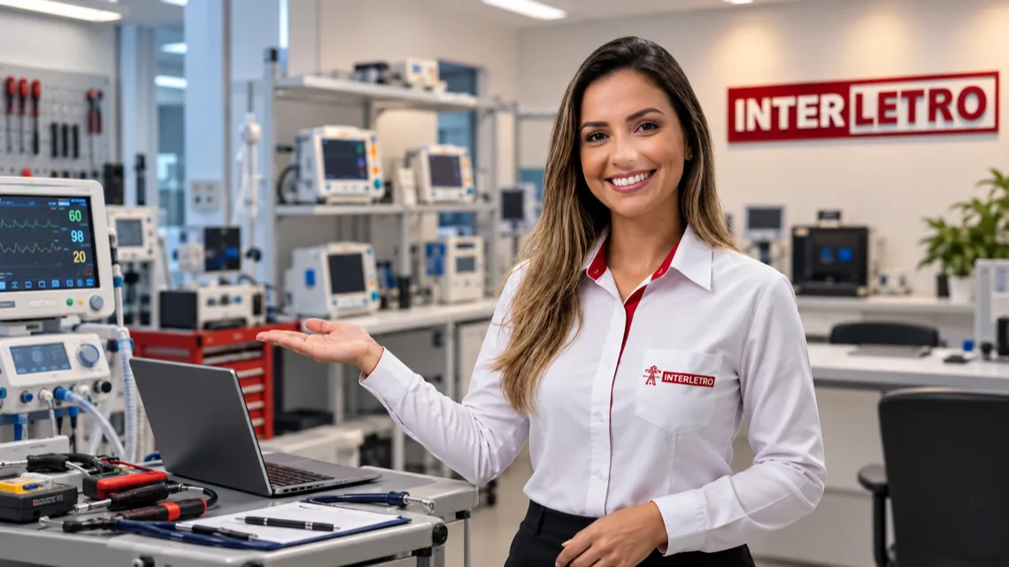 Técnica da Interletro apresentando o software de gerenciamento de engenharia clínica no laboratório de calibração em Campinas